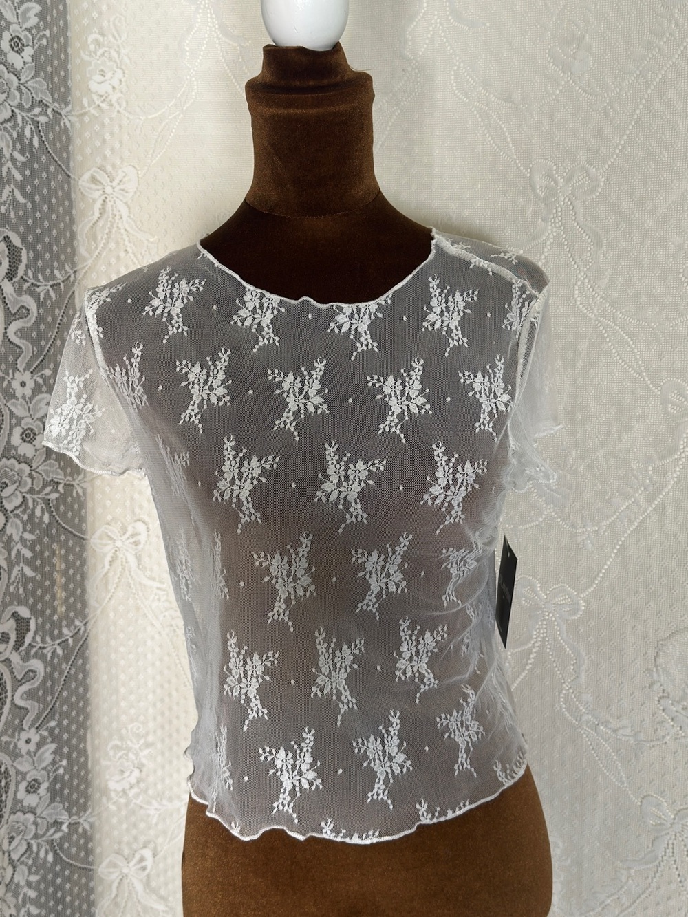Sheer White Embroidered Lace Short Sleeve Top